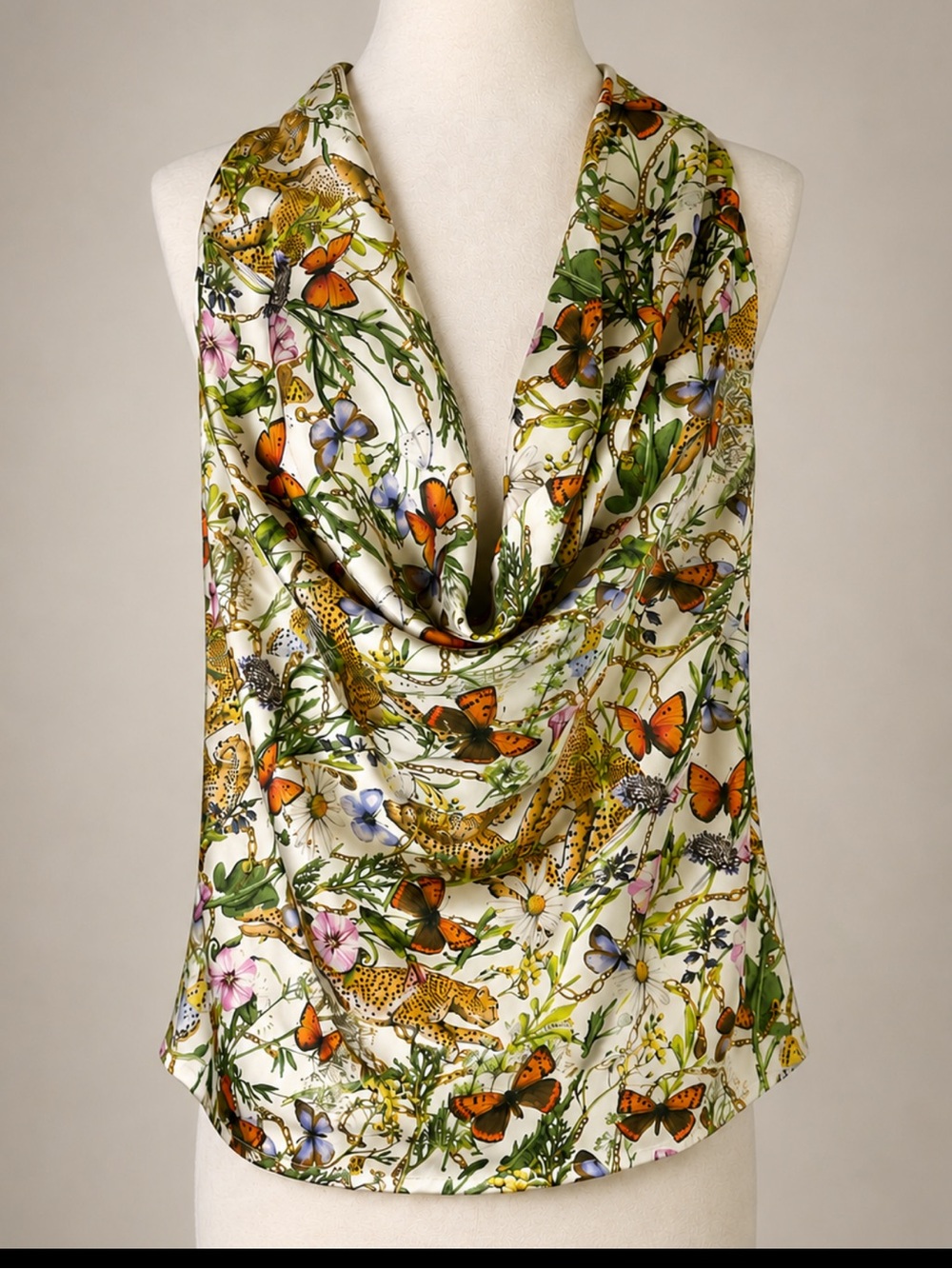 NWT Avec Les Filles Botanical Cheetah Scarf Halter Blouse Open Back Bow Top L